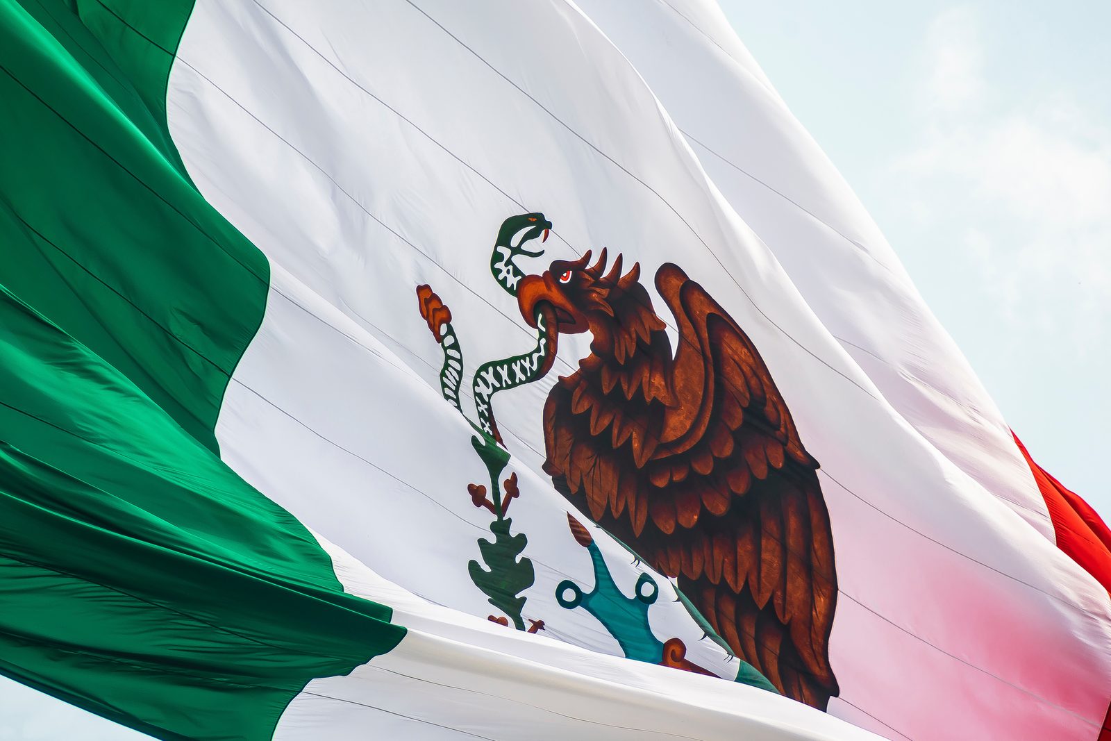 Bandera de México de cerca con el águila del escudo