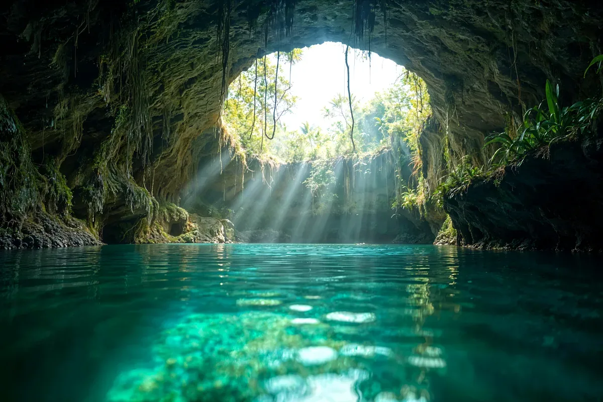 Rayos de luz que entran por la abertura de un cenote sobre agua turquesa