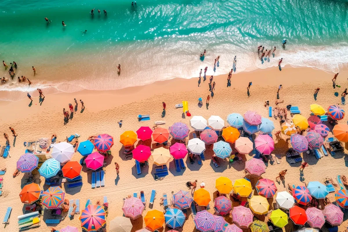 Vista aérea de una playa llena de sombrillas de colores y bañistas