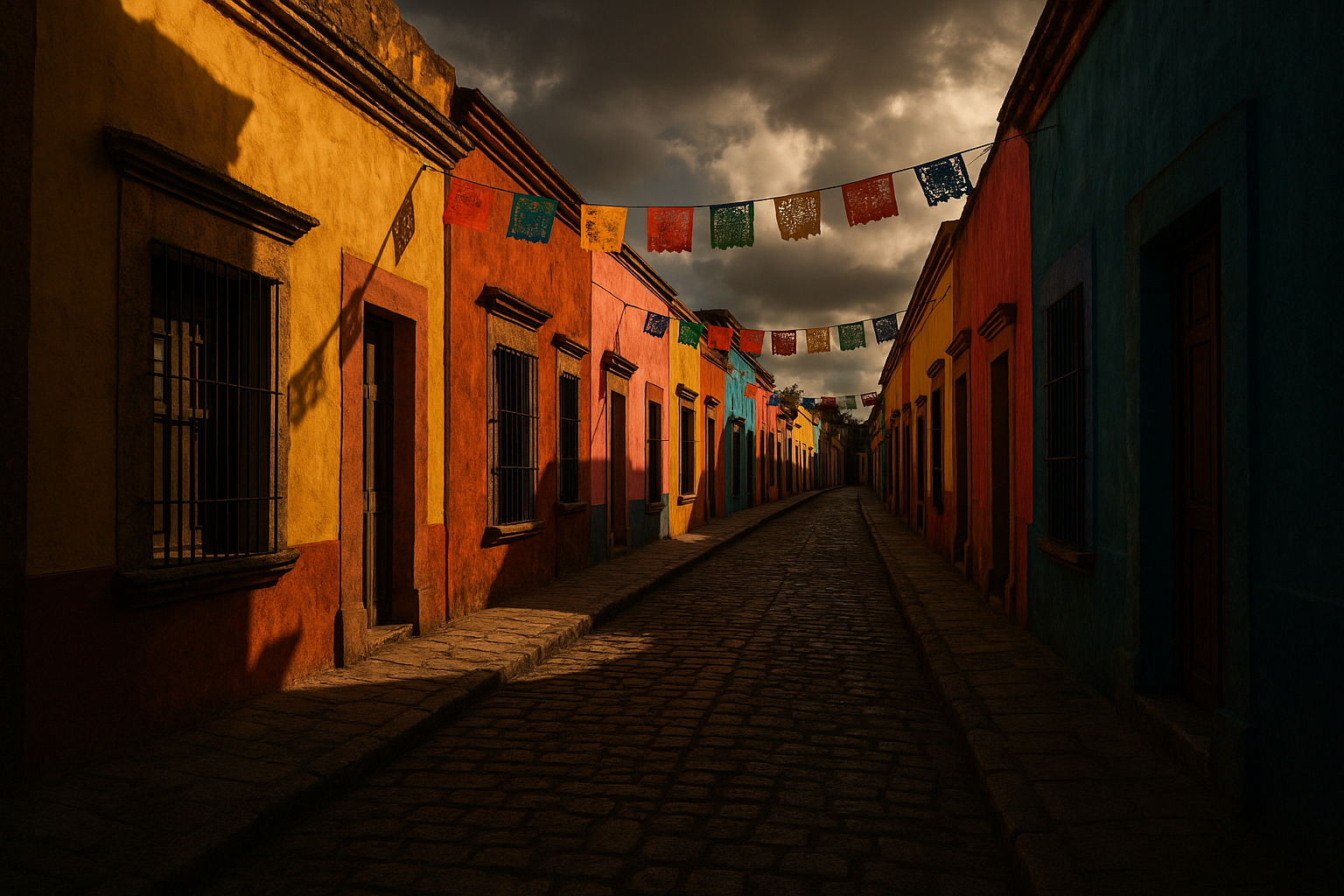 Calle empedrada con fachadas de colores y papel picado bajo un cielo de tormenta