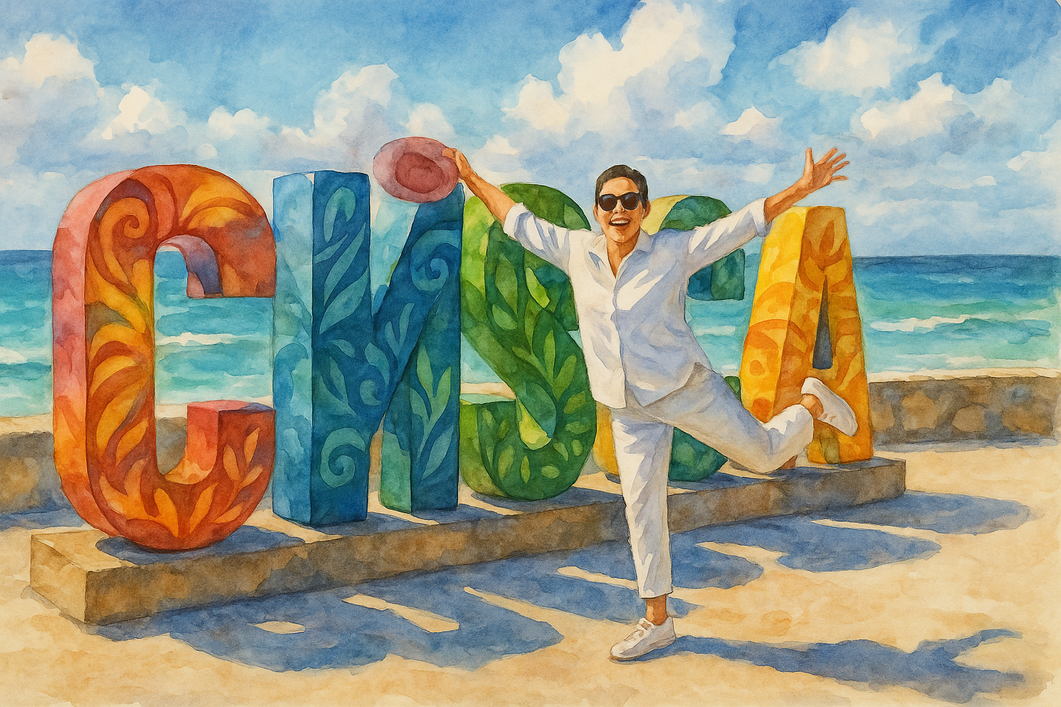 Ilustración en acuarela de un turista que posa frente a letras monumentales de colores en la playa