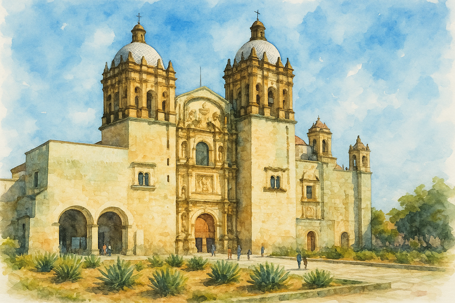 Acuarela del templo de Santo Domingo de Oaxaca con agaves al frente