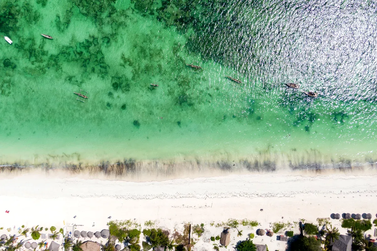 Vista cenital de una playa de arena blanca con agua verde clara
