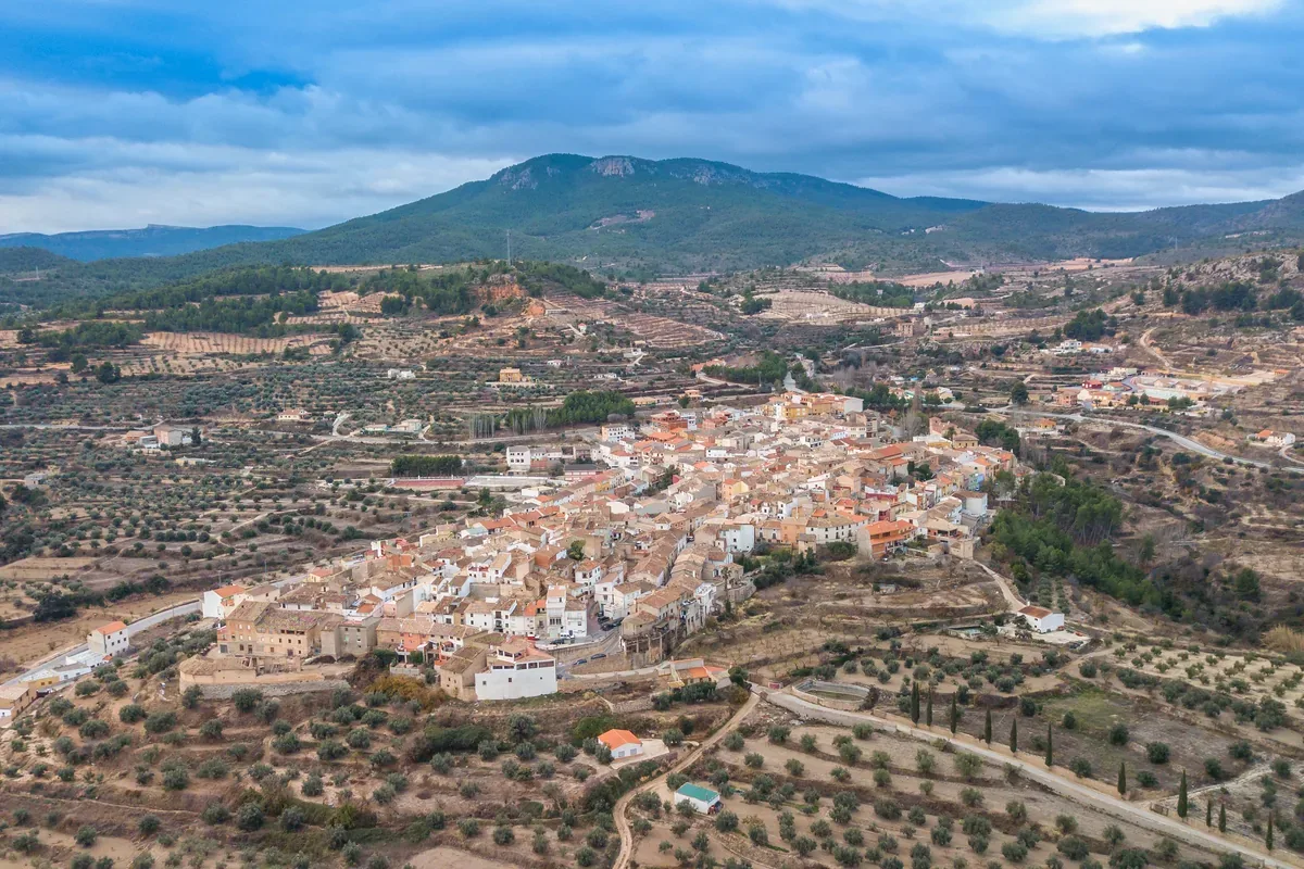 Pueblo blanco entre olivares visto desde el aire con un cerro al fondo