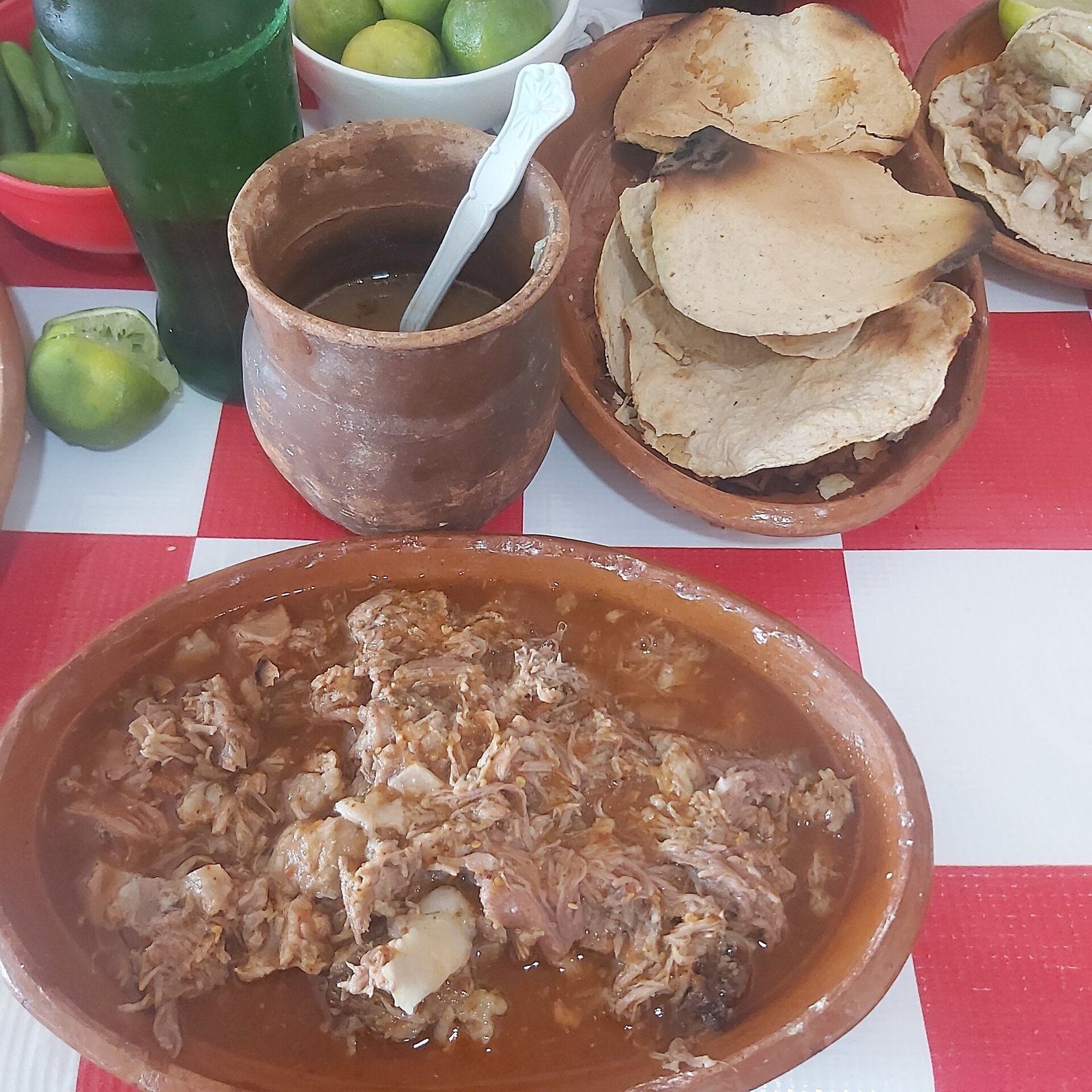 Plato de barro con birria deshebrada, jarro de consomé y tortillas doradas sobre un mantel de cuadros rojos