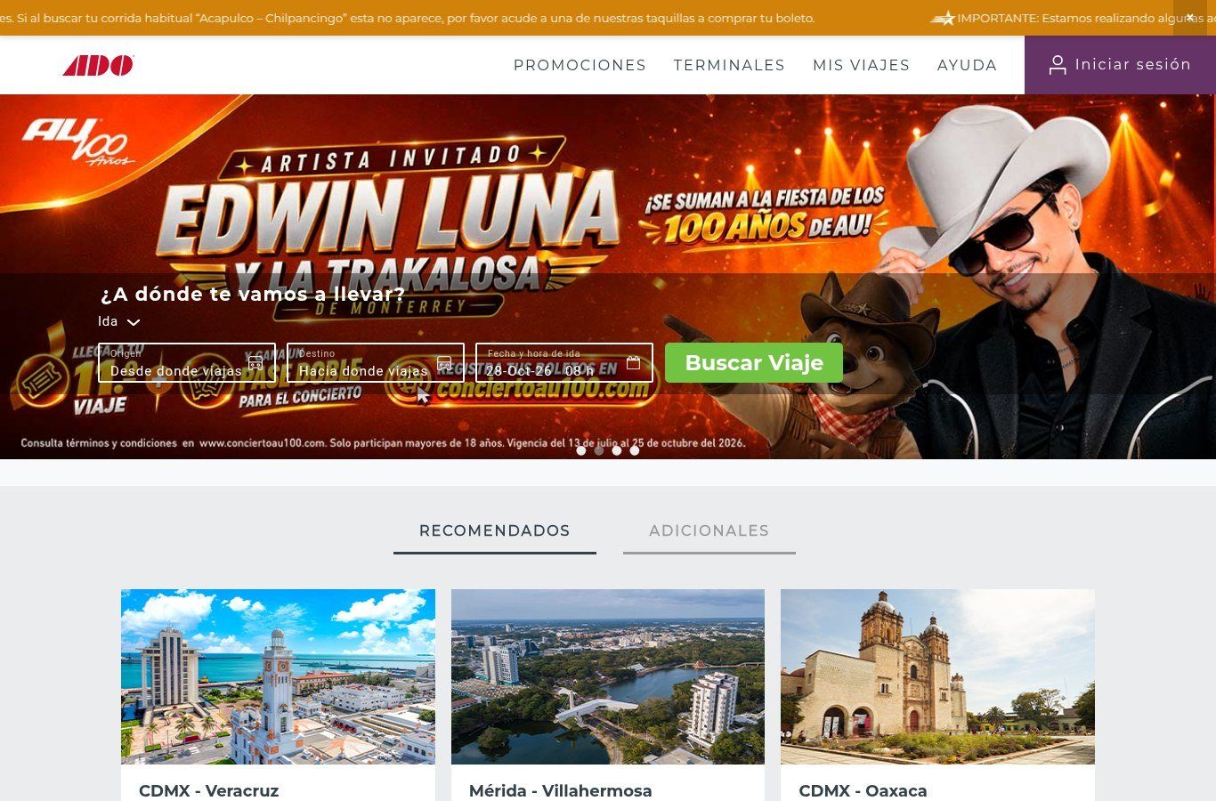 Página de inicio de ado.com.mx con el buscador de viaje (origen, destino, fecha y hora) y el botón verde «Buscar Viaje»