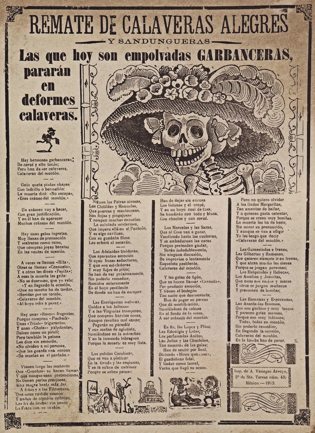 Hoja suelta impresa con el título «Remate de calaveras alegres y sandungueras», versos en columnas y una calavera con sombrero de plumas