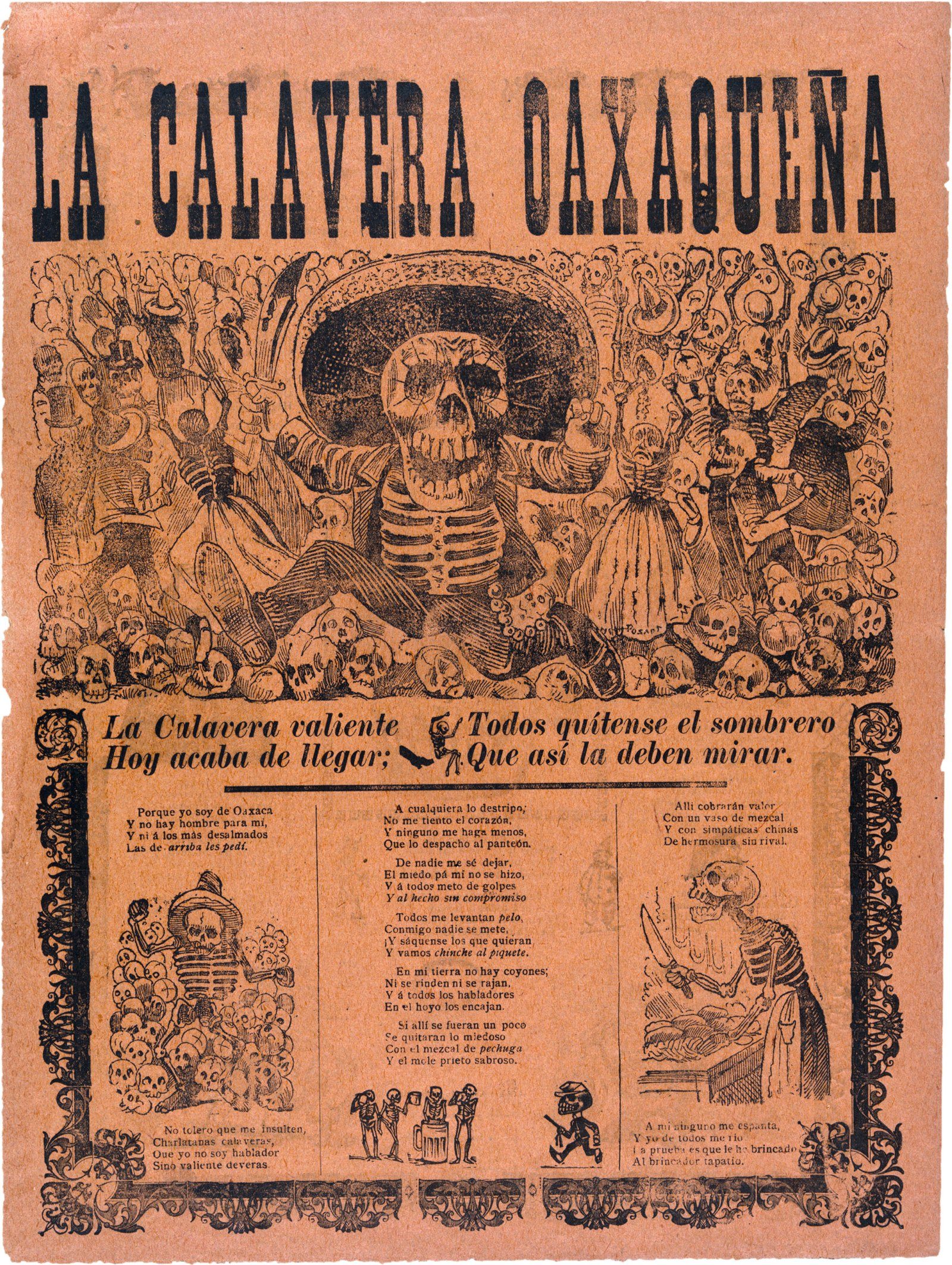 Hoja suelta «La Calavera Oaxaqueña» sobre papel rosado, con un esqueleto charro entre cráneos y versos impresos en columnas