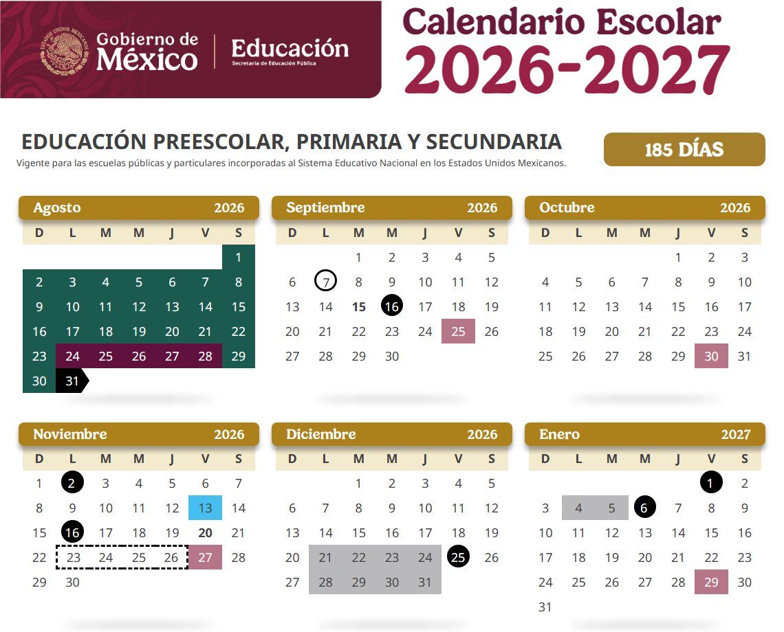 Calendario escolar 2026-2027 de la SEP con los meses de agosto a enero; en noviembre, el 16 aparece en un círculo negro y el 20 en negritas