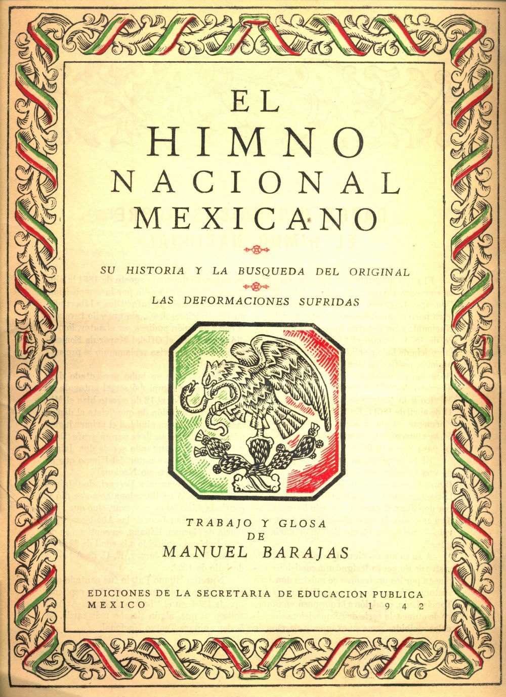 Portada del folleto El Himno Nacional Mexicano, con marco tricolor, el escudo nacional y el nombre de Manuel Barajas