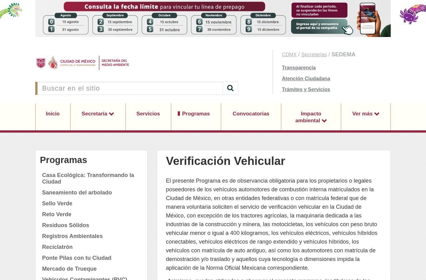 Página de Verificación Vehicular de la Sedema de la Ciudad de México, con el texto sobre los vehículos obligados y los exentos del programa