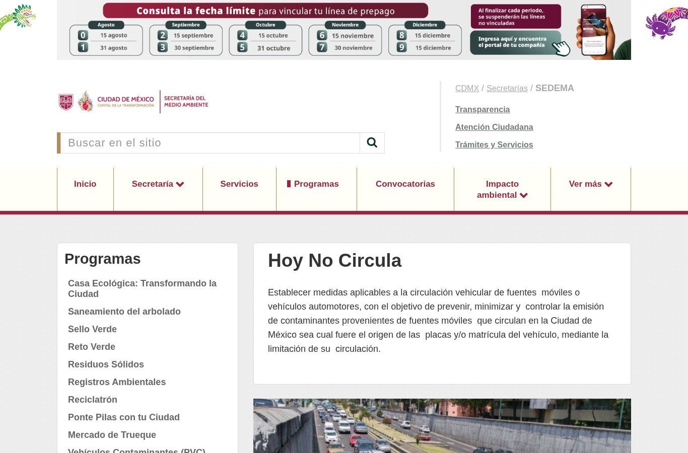 Página del programa Hoy No Circula en el sitio de la Secretaría del Medio Ambiente de la Ciudad de México, con su texto de objetivo y el menú de Programas