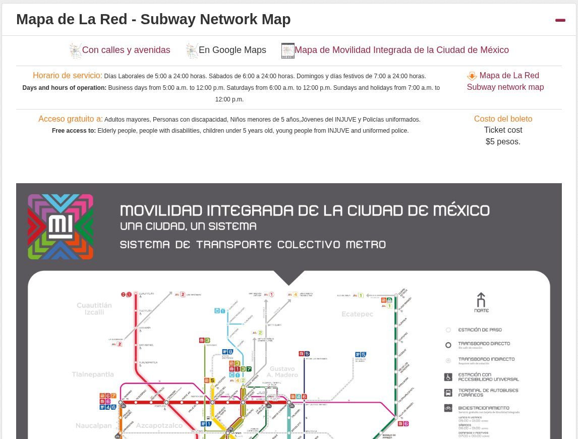 Página oficial del Metro de la Ciudad de México con el horario de servicio, el costo del boleto y el inicio del mapa de la red