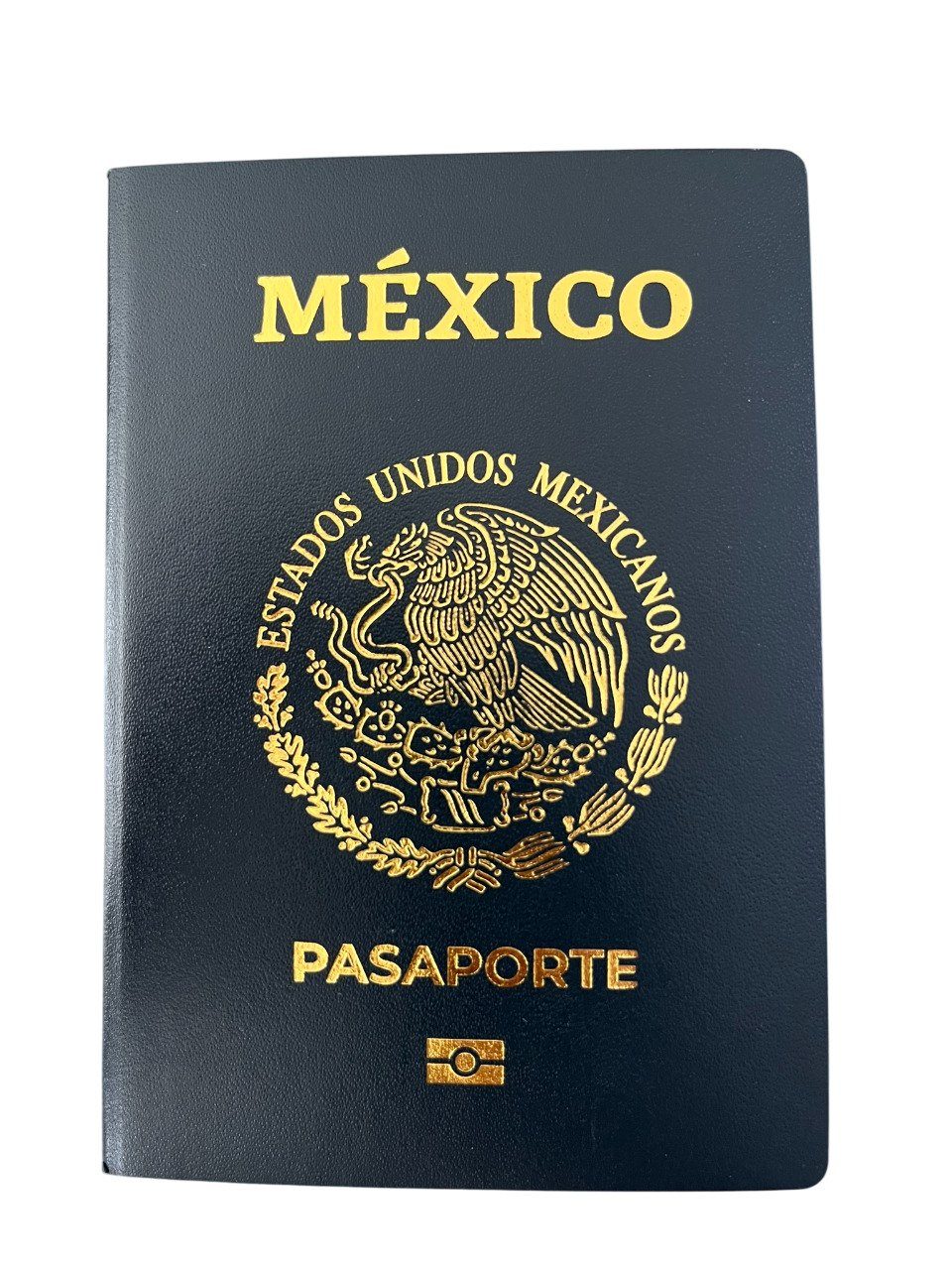 Portada de un pasaporte mexicano azul oscuro con el escudo nacional y las letras doradas «México» y «Pasaporte»
