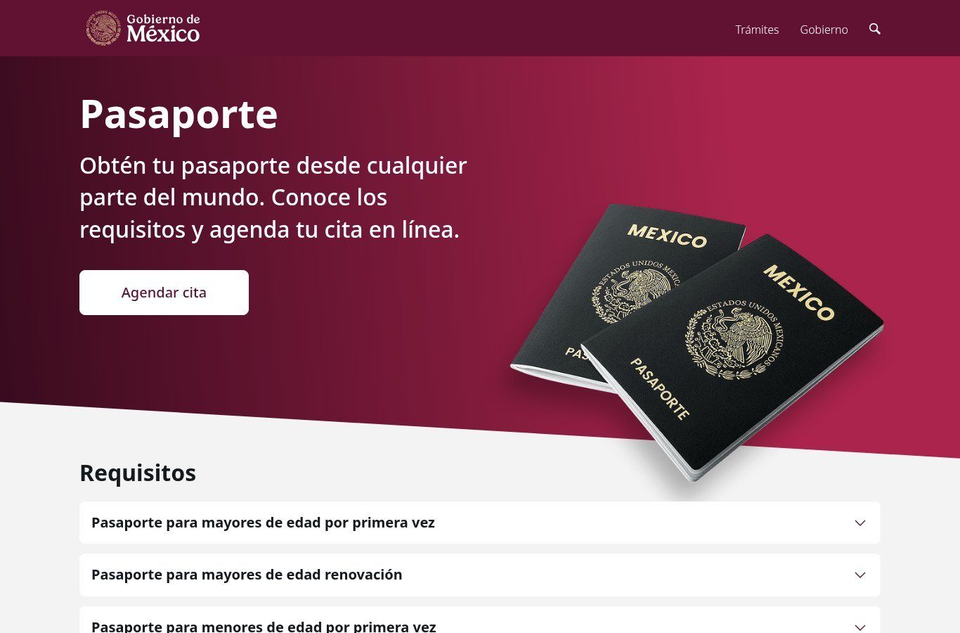 Página de gob.mx del trámite de pasaporte con el botón «Agendar cita», dos pasaportes mexicanos negros y la lista de requisitos