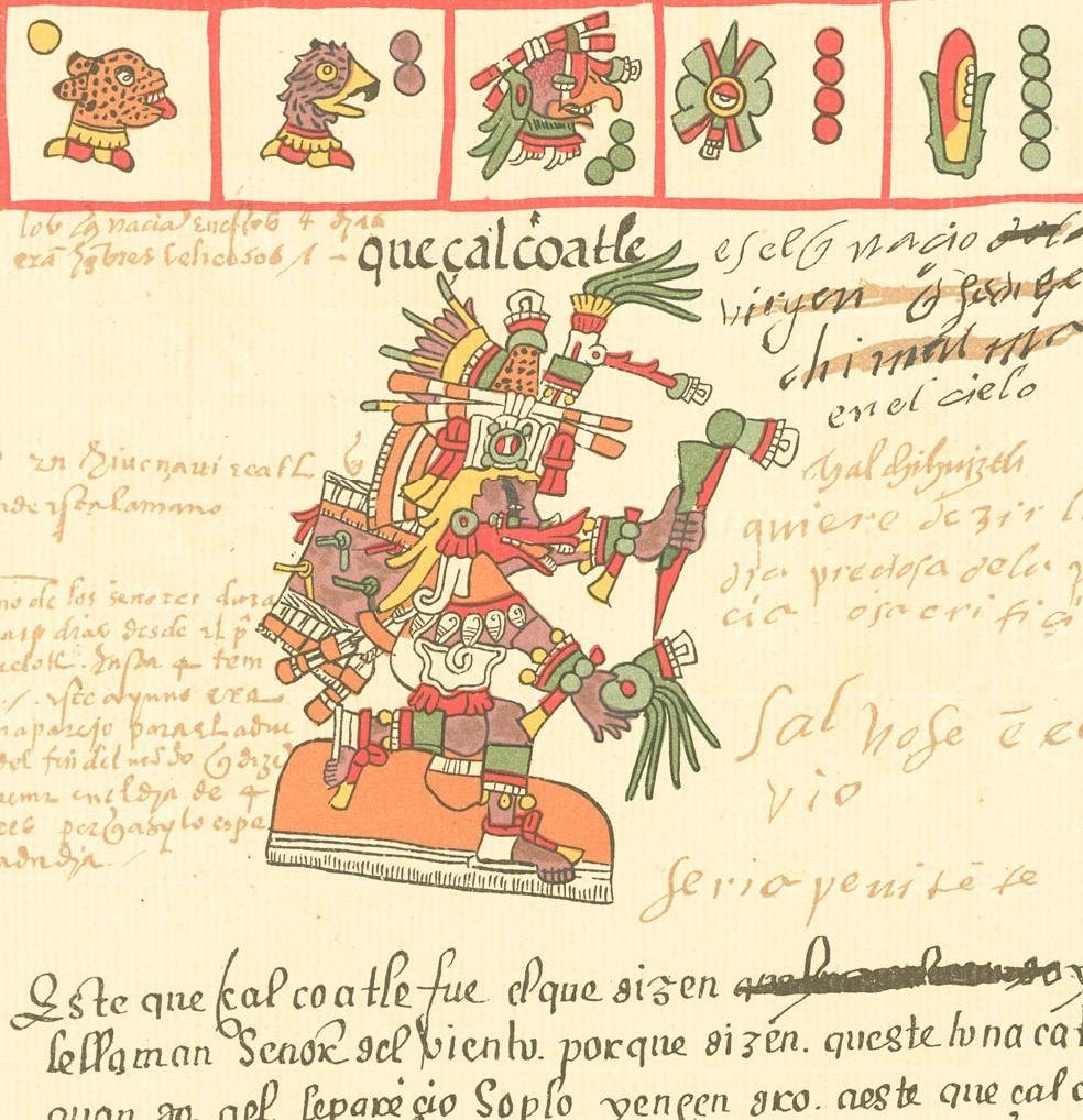 Quetzalcóatl dibujado en el Códice Telleriano-Remensis, con tocado de plumas y escudo, y la inscripción «quecalcoatle»