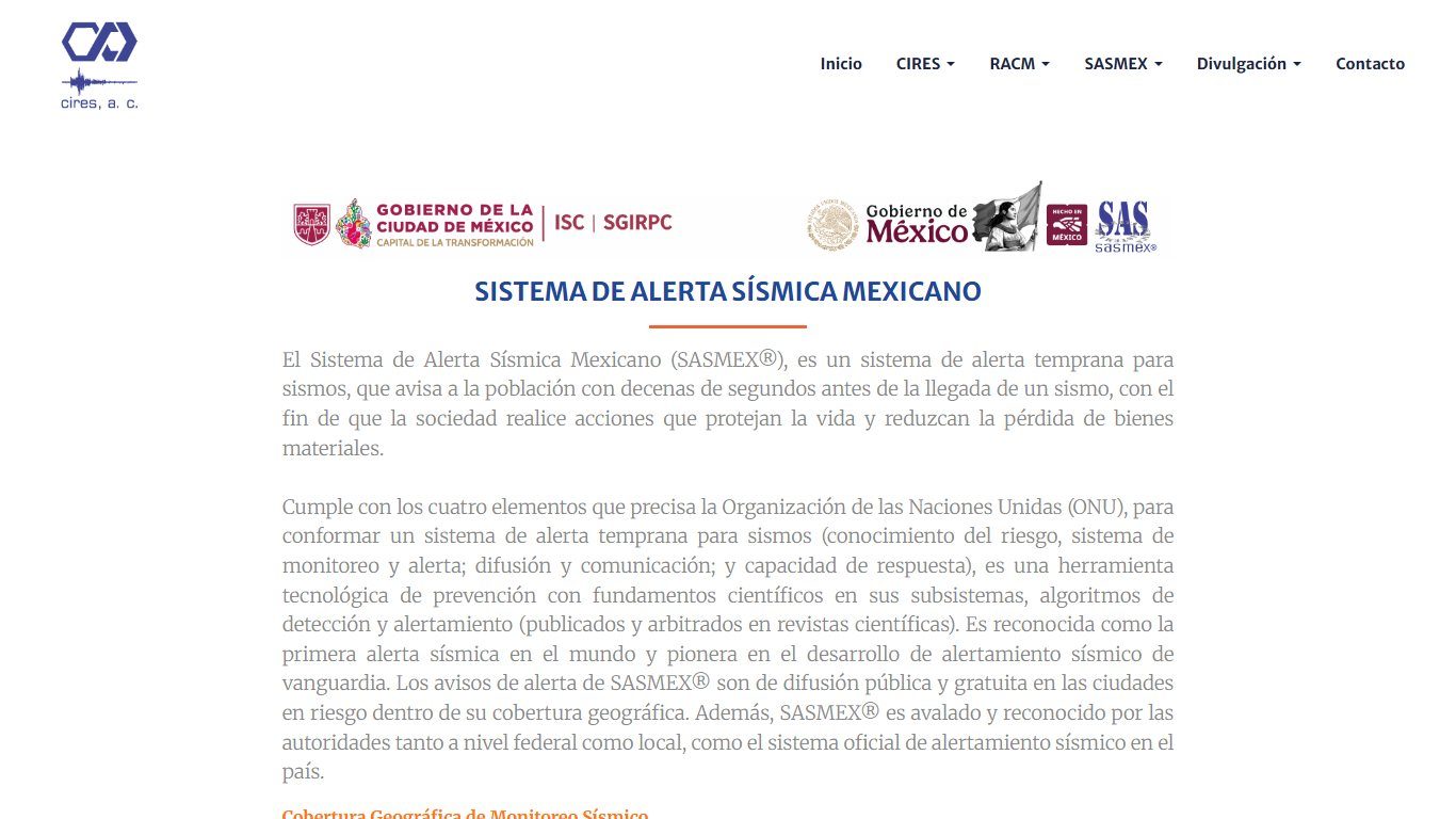Página oficial del Sistema de Alerta Sísmica Mexicano en el sitio del CIRES, con los logotipos de los gobiernos que lo respaldan