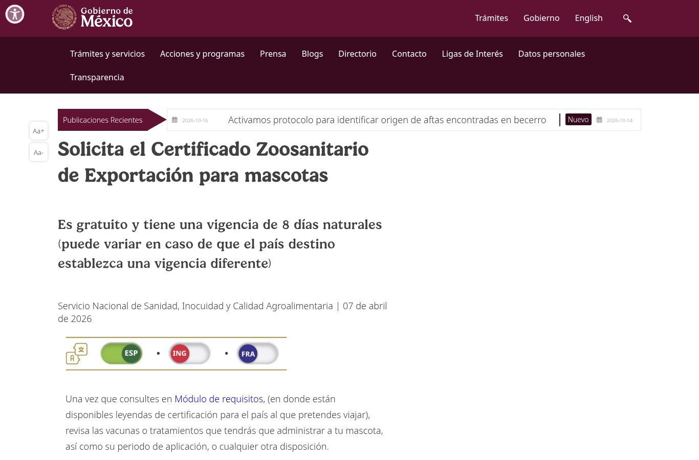 Página de gob.mx para solicitar el Certificado Zoosanitario de Exportación para mascotas, que indica que es gratuito y vigente 8 días naturales