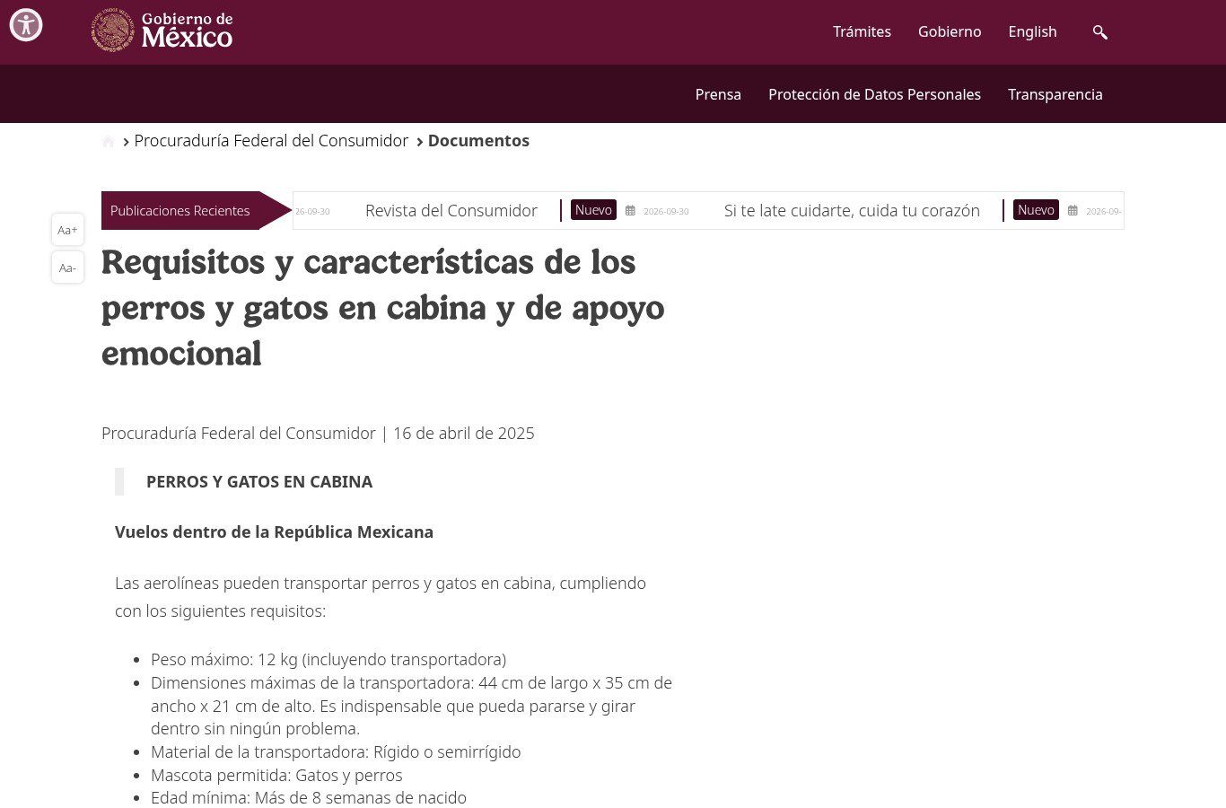 Página de Profeco en gob.mx con los requisitos de perros y gatos en cabina: peso máximo de 12 kg y medidas de la transportadora